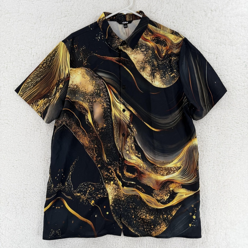 Ouku Shirt Mens Large Black Gold Abstract Graphic Short‎ Sleeve Button Up Casual